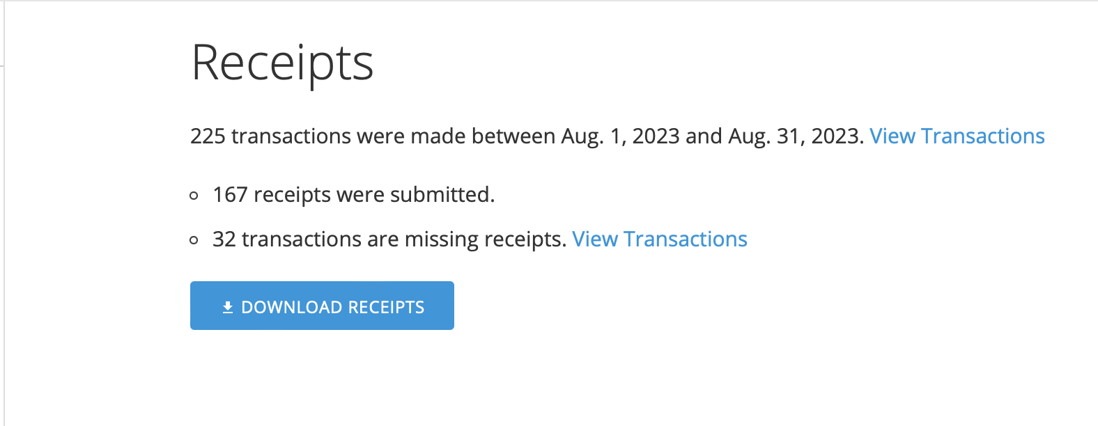 Receipts summary screen showing the Download Receipts button for exporting a zip file.