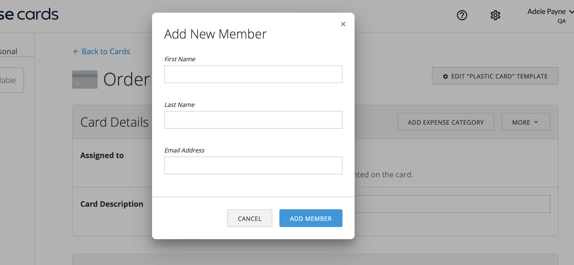 Assign Card section showing member search and the + Member option.