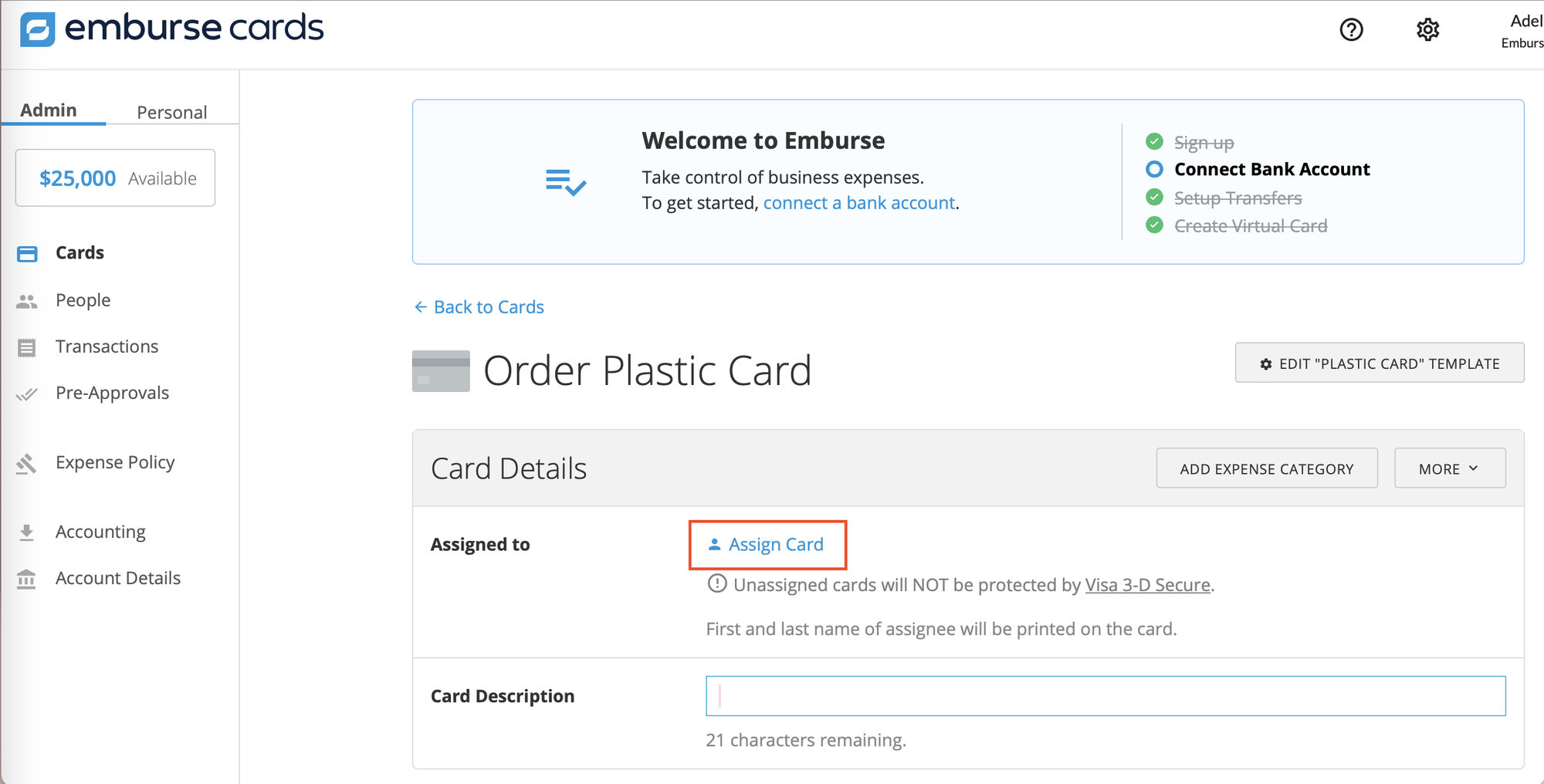 Assign Card screen showing fields to enter a member name and email address