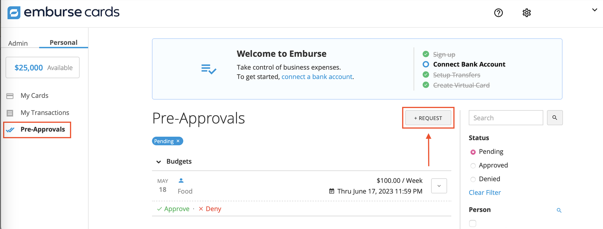 Pre-Approvals page showing the Personal tab and the + Request option.