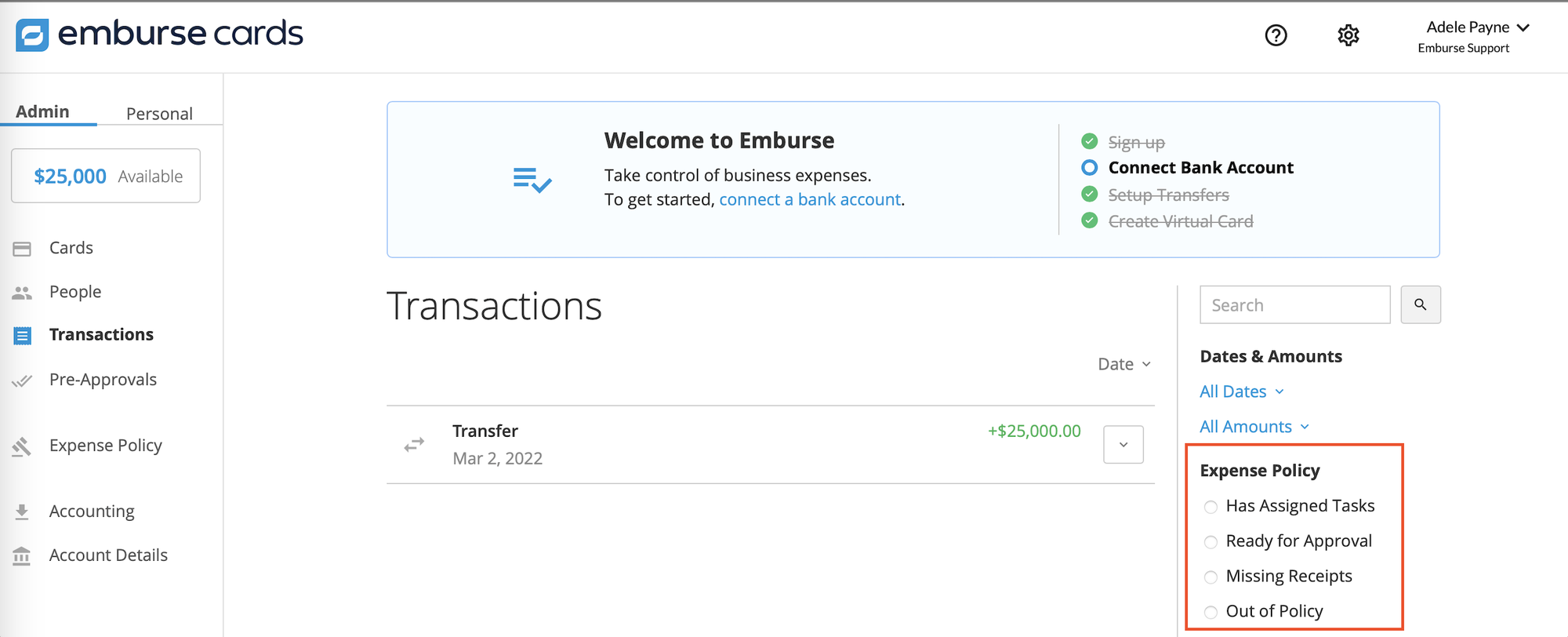 Transactions list showing a gray receipt indicator for transactions that are missing receipts.