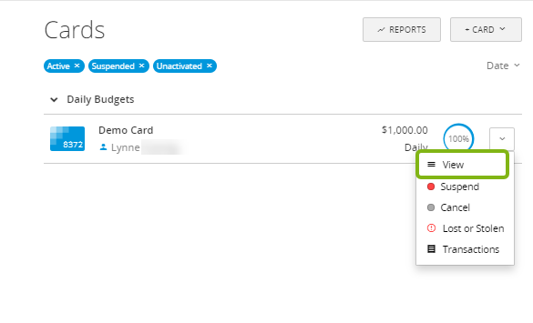Card details screen showing the cardholder name.