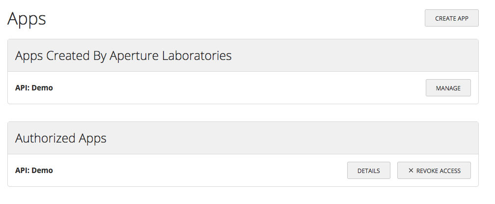 Applications list showing a registered app with options to view details, revoke access, and edit
