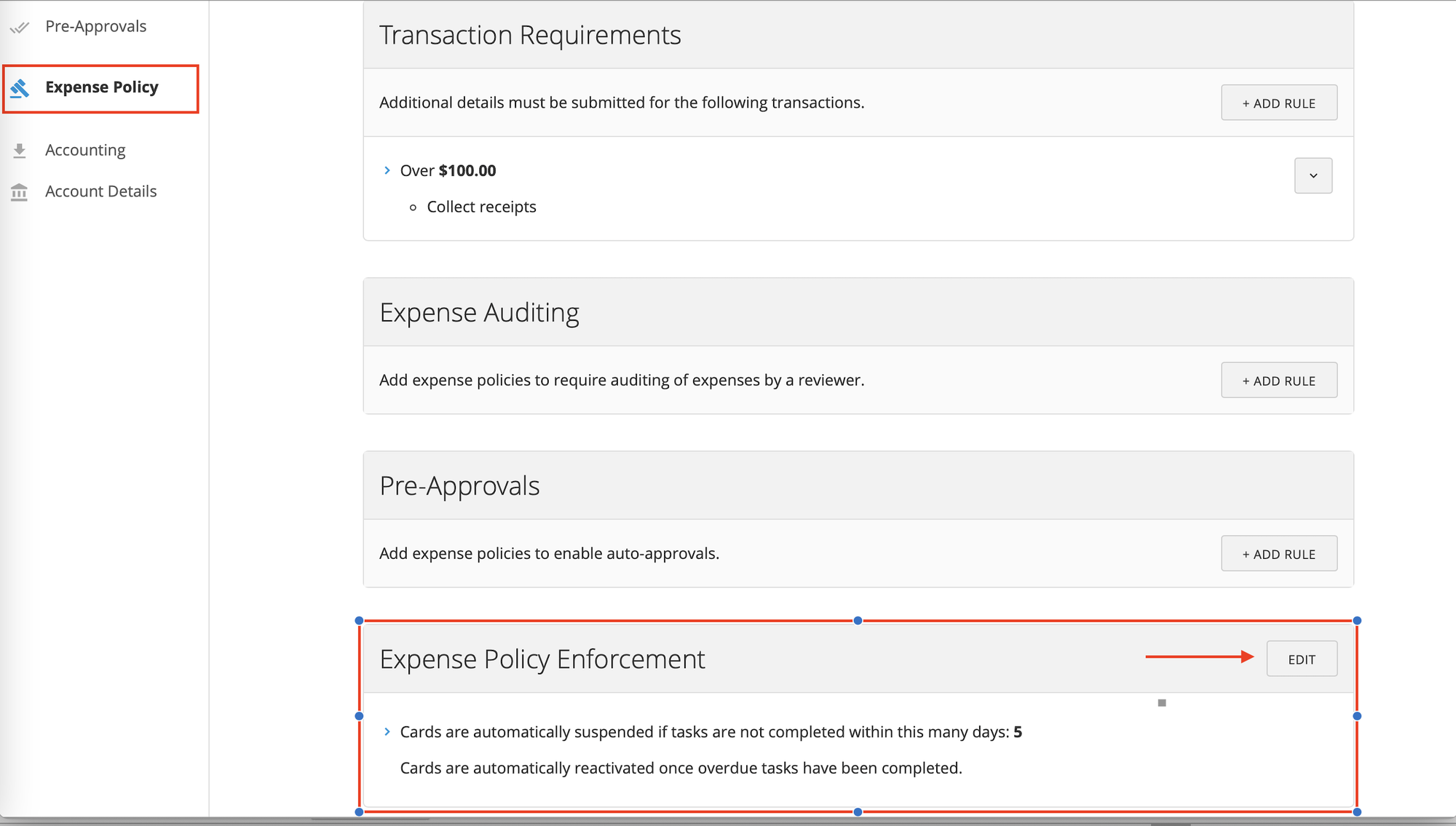 Expense Policy page showing the Expense Policy Enforcement section with the Edit option.