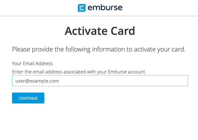 Activation page prompting for the cardholder email address.