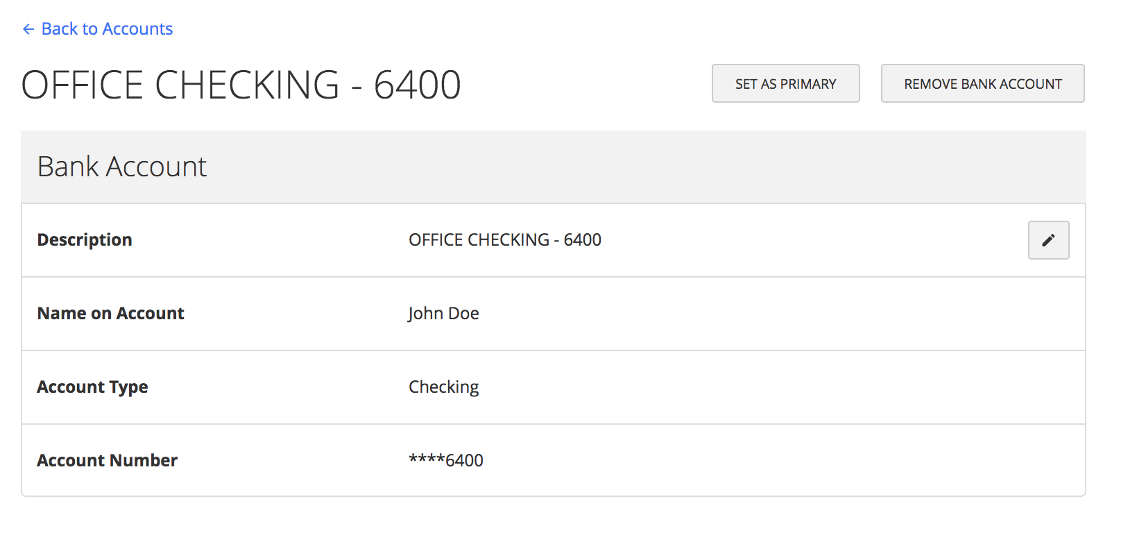 Bank Accounts section showing the edit button for a connected bank account.
