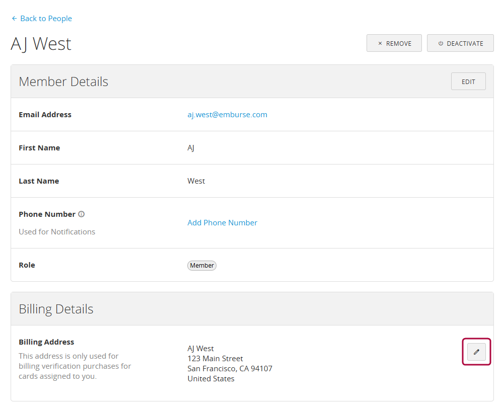 User profile showing the Billing Details section with the Edit option.