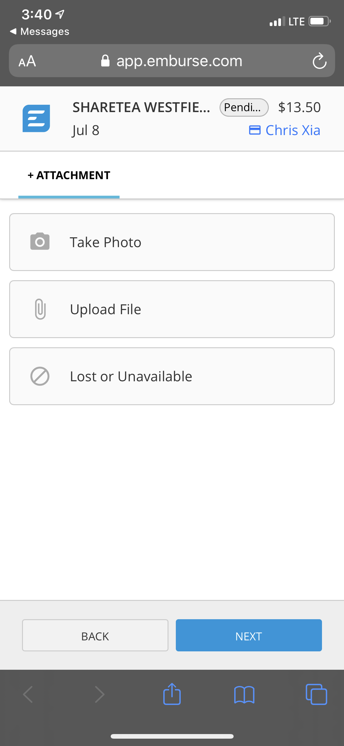 Receipt upload screen showing options for adding a receipt to a transaction.