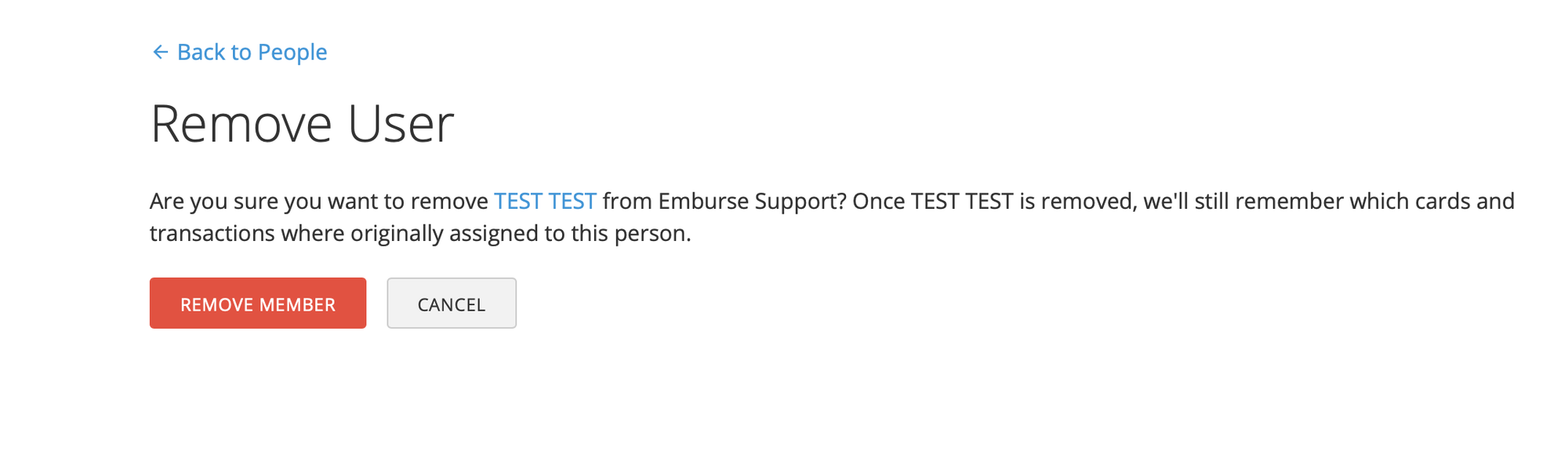Confirmation message indicating that the member has been removed from the account.