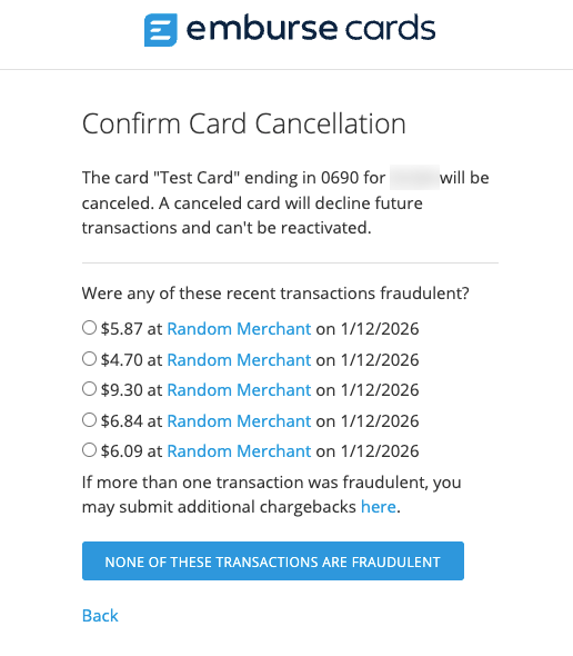 Transaction review screen with recent transactions listed and an option to continue.