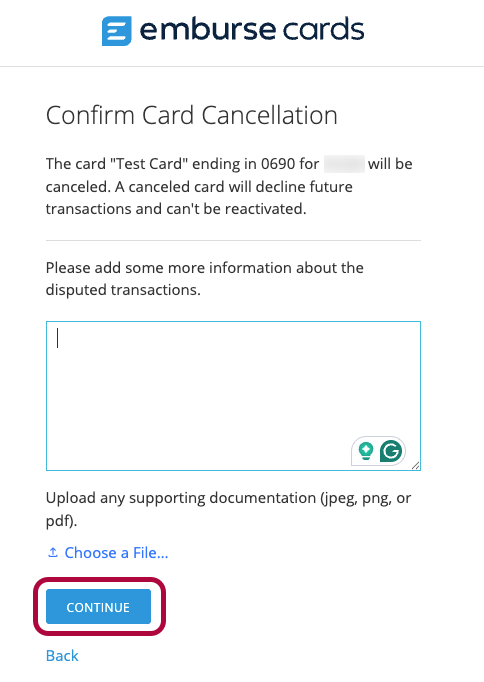 Disputed transaction details form with an Upload and Continue option.