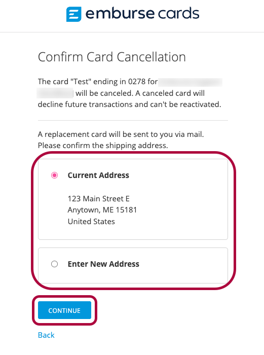 Shipping address confirmation screen with Current Address and Enter New Address options.