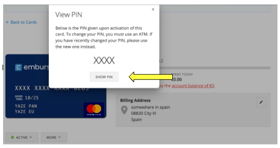 PIN display screen within the Emburse Cards dashboard.