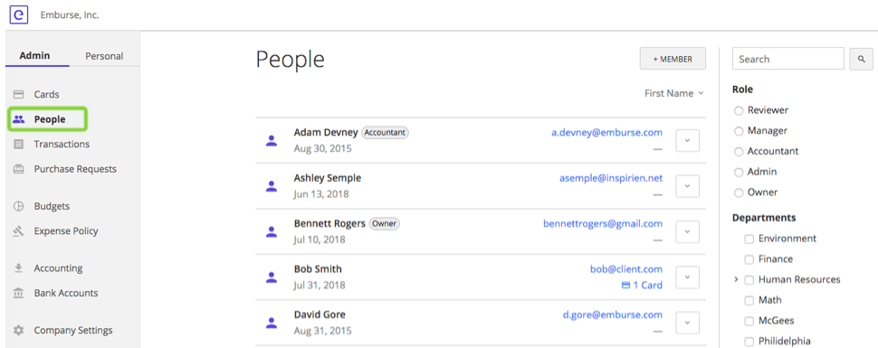 People page showing the member list and the filter controls.