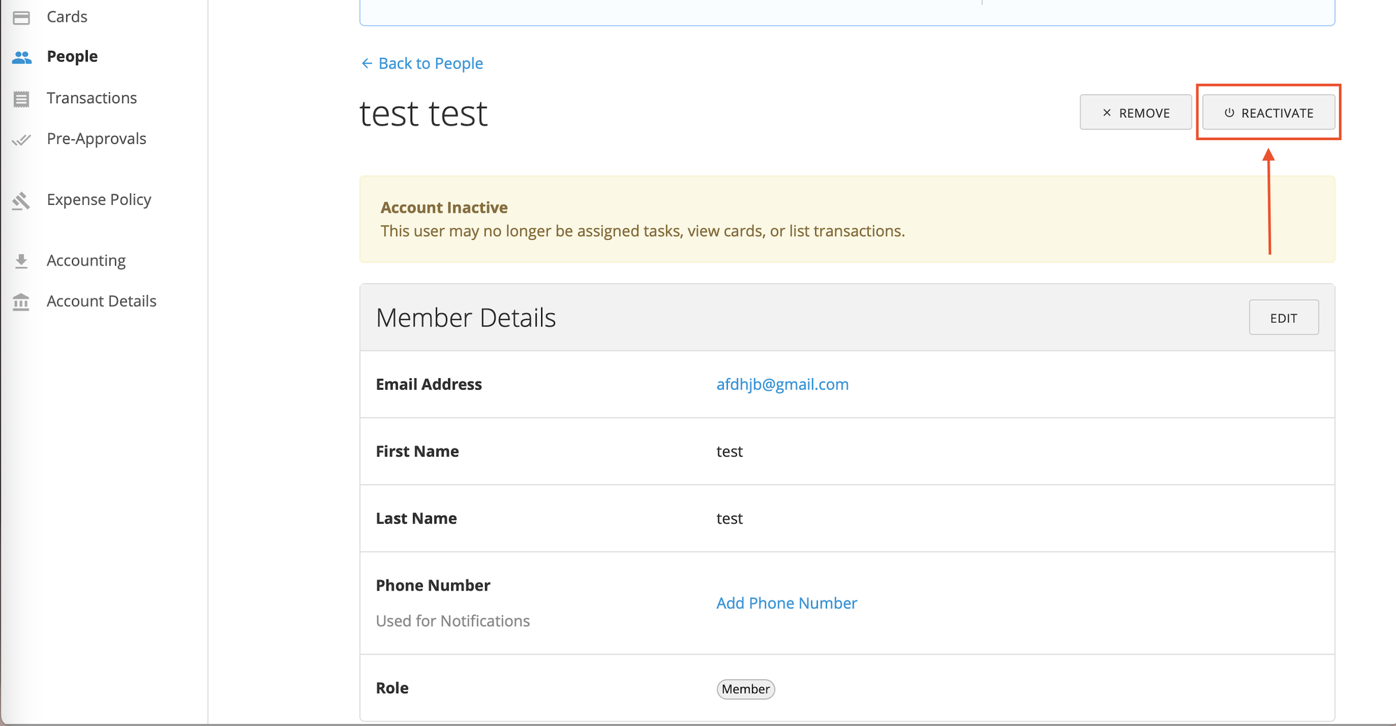 Reactivate User confirmation dialog.