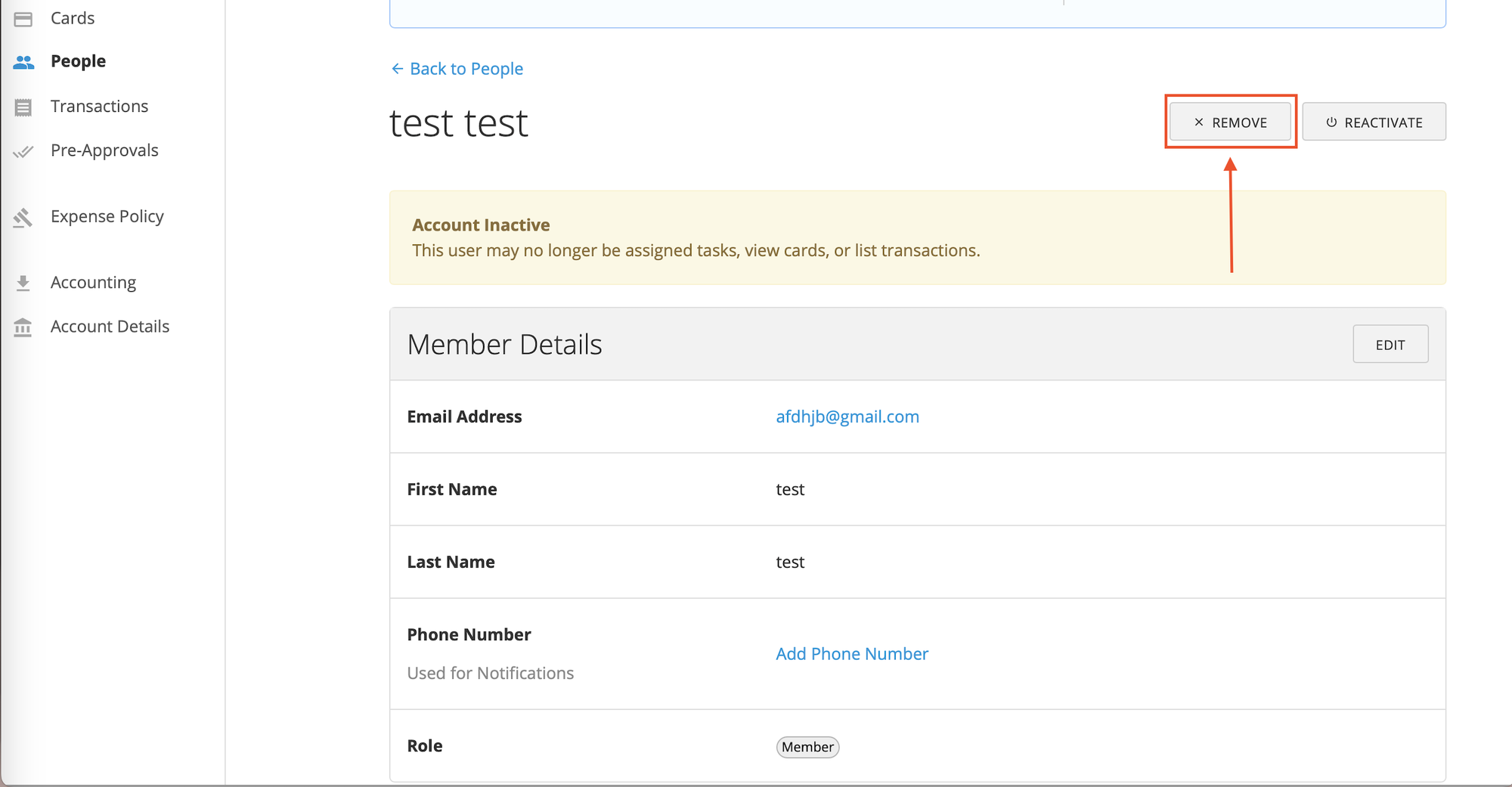 Remove User dialog showing any cards that will be canceled when the user is removed.