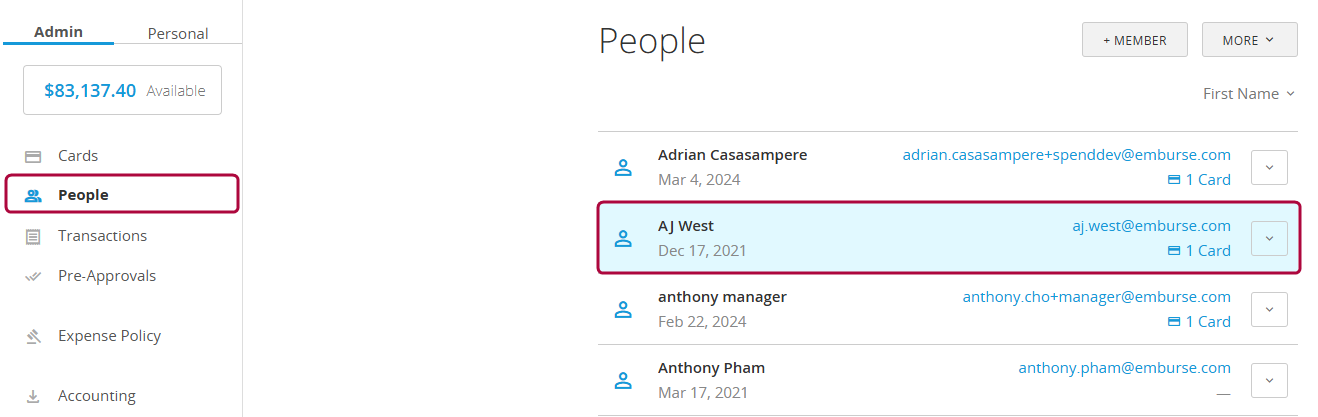 People page showing a list of users, with a user selected to open their profile.