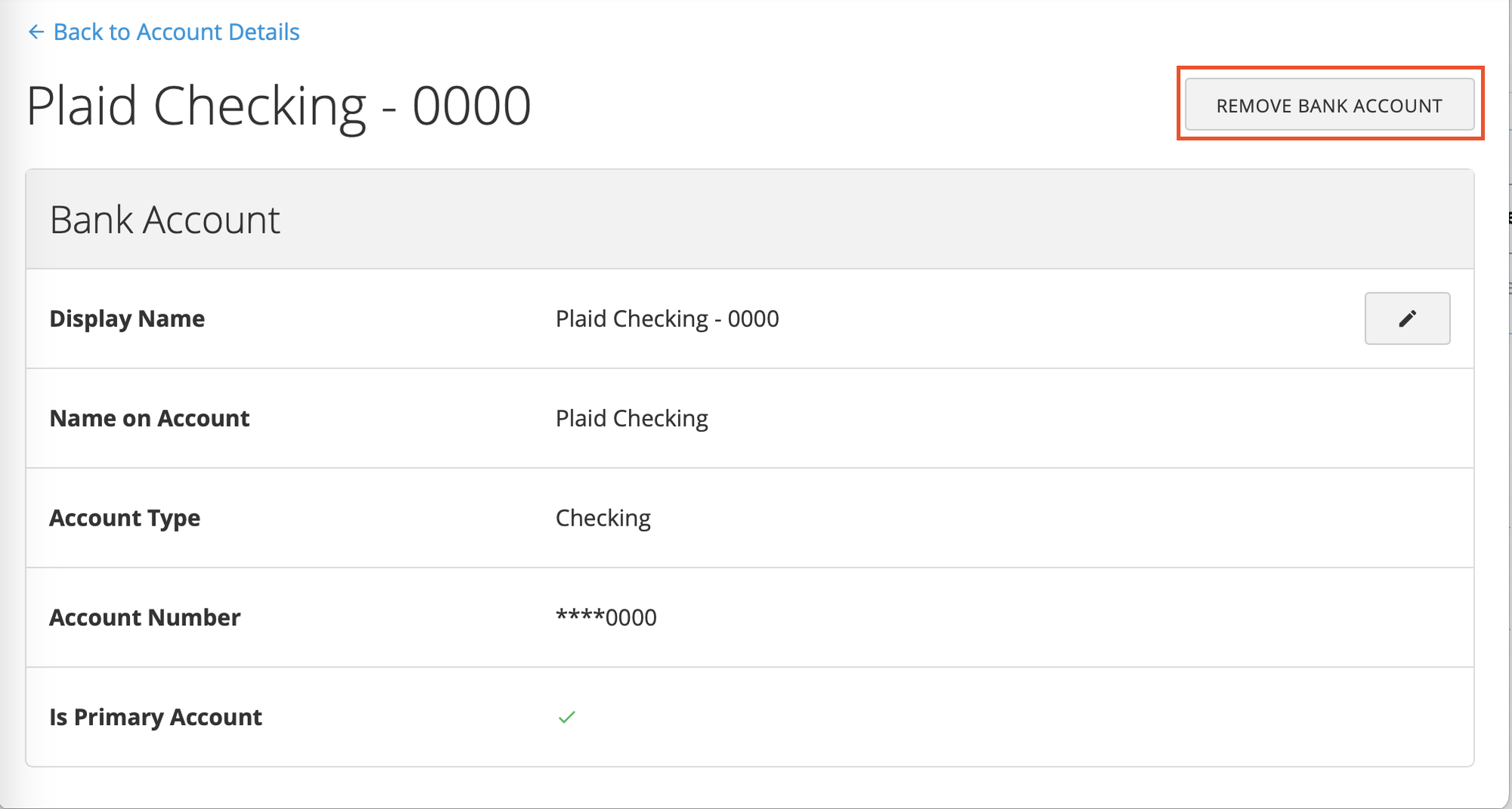 Edit bank account screen showing the Remove Bank Account option.