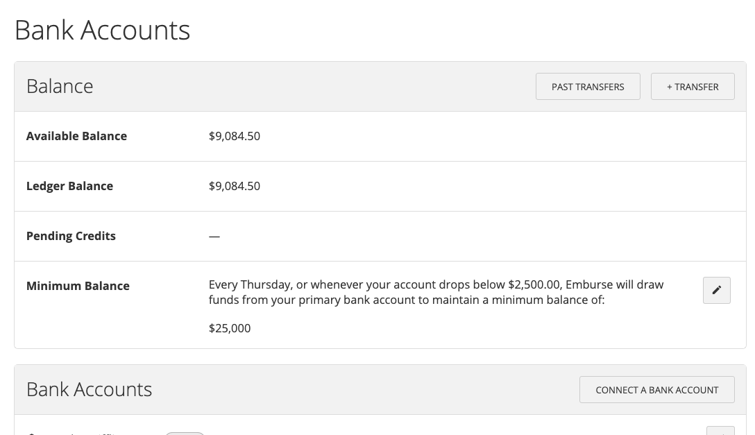 Account Details page showing the Minimum Balance settings and automated transfer options.