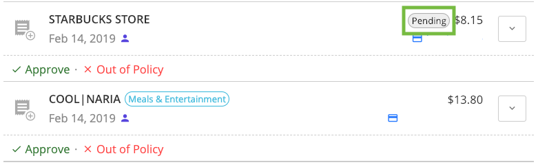 Emburse Cards Transactions page showing a transaction with a Pending status.