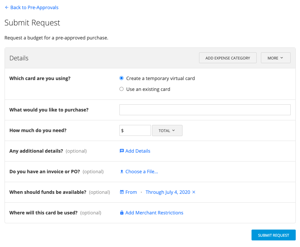 Pre-approval request form showing fields for amount, description, dates, and additional restrictions.