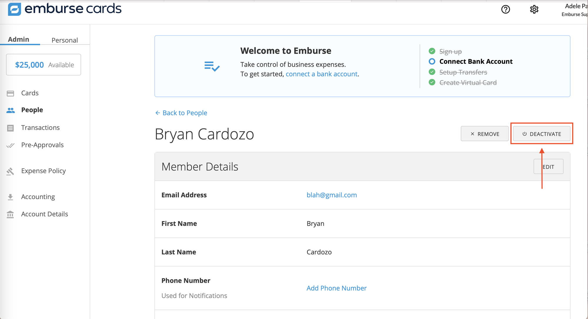 People page with a user selected and the Deactivate option available in the right panel.