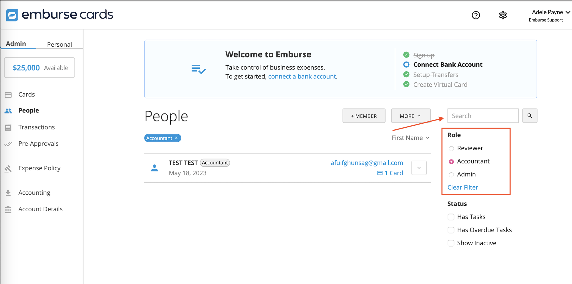 People page showing filter options and the Search field for locating a member.