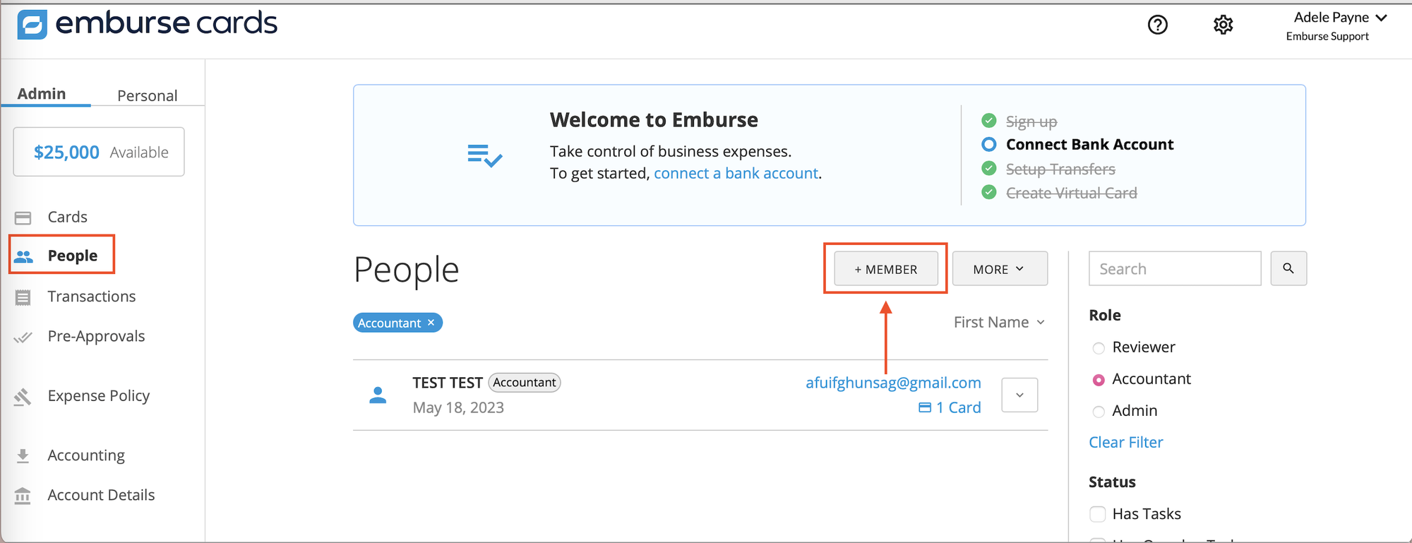 +Member button on the People page under the Admin tab