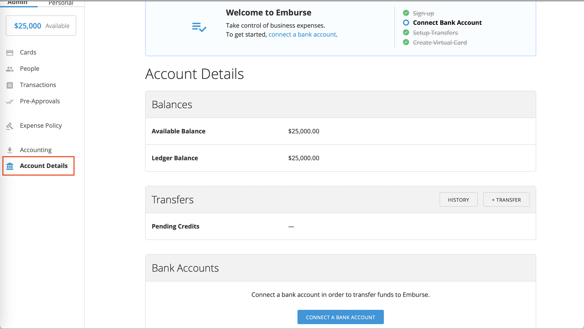 Admin tab showing the Account Details option.