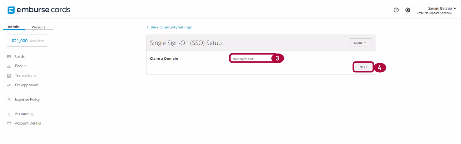SSO setup page prompting for company domain
