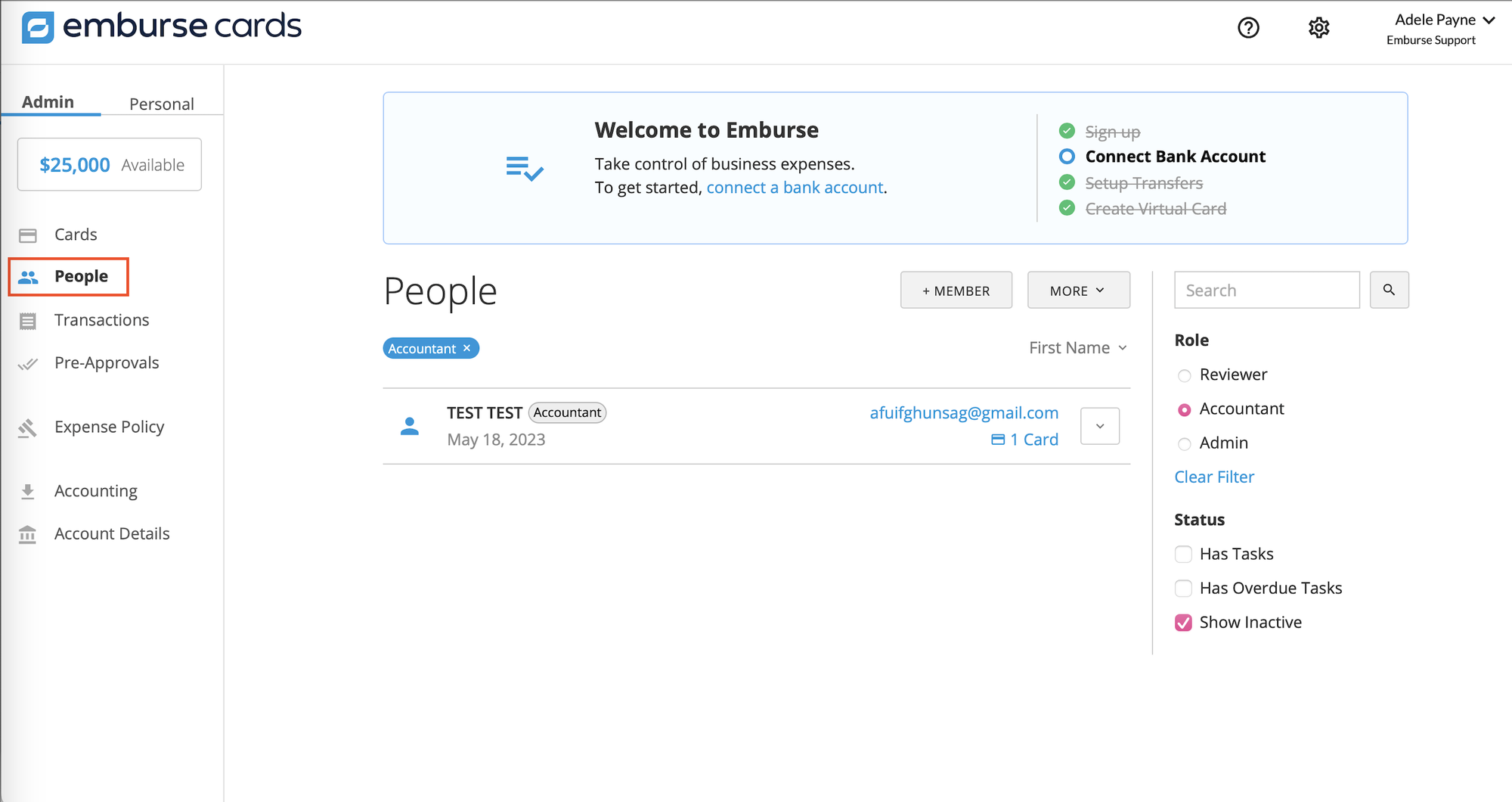 Admin tab showing the People option for managing members.