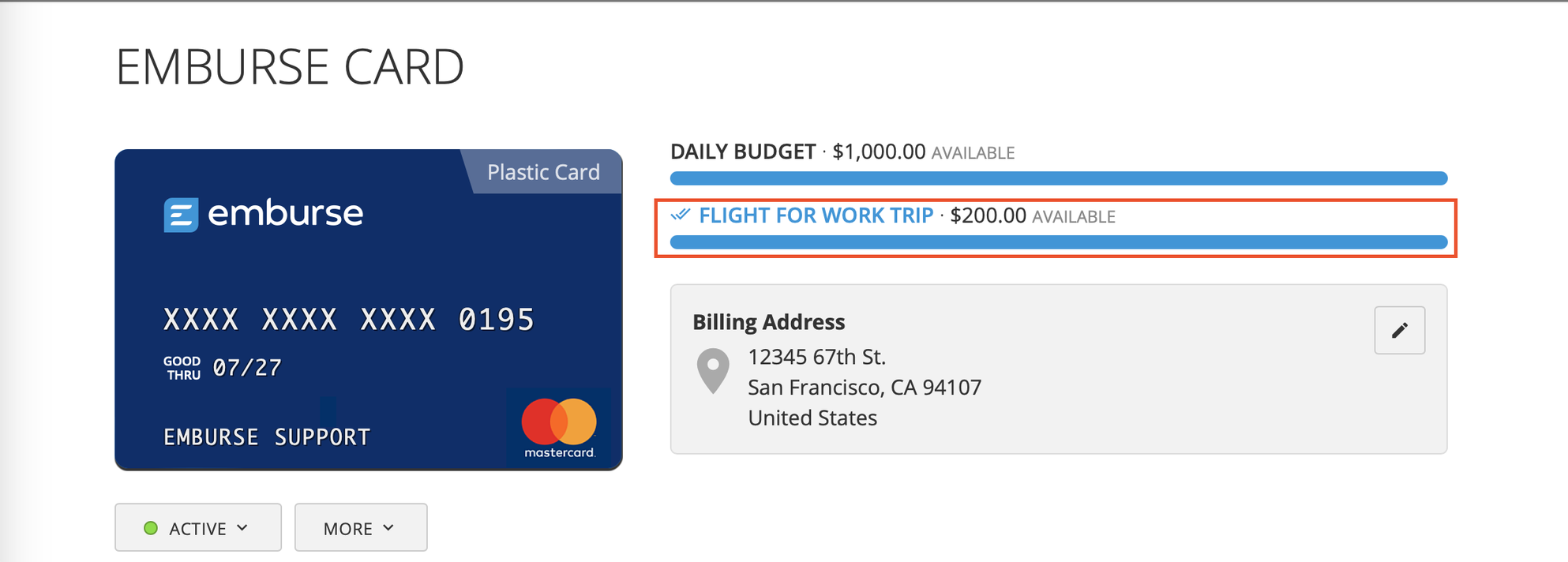 Card page showing approved budgets and allowance checkboxes.