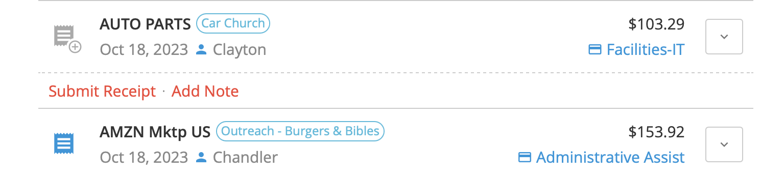 Transactions list showing a blue receipt indicator next to a transaction with a submitted receipt.