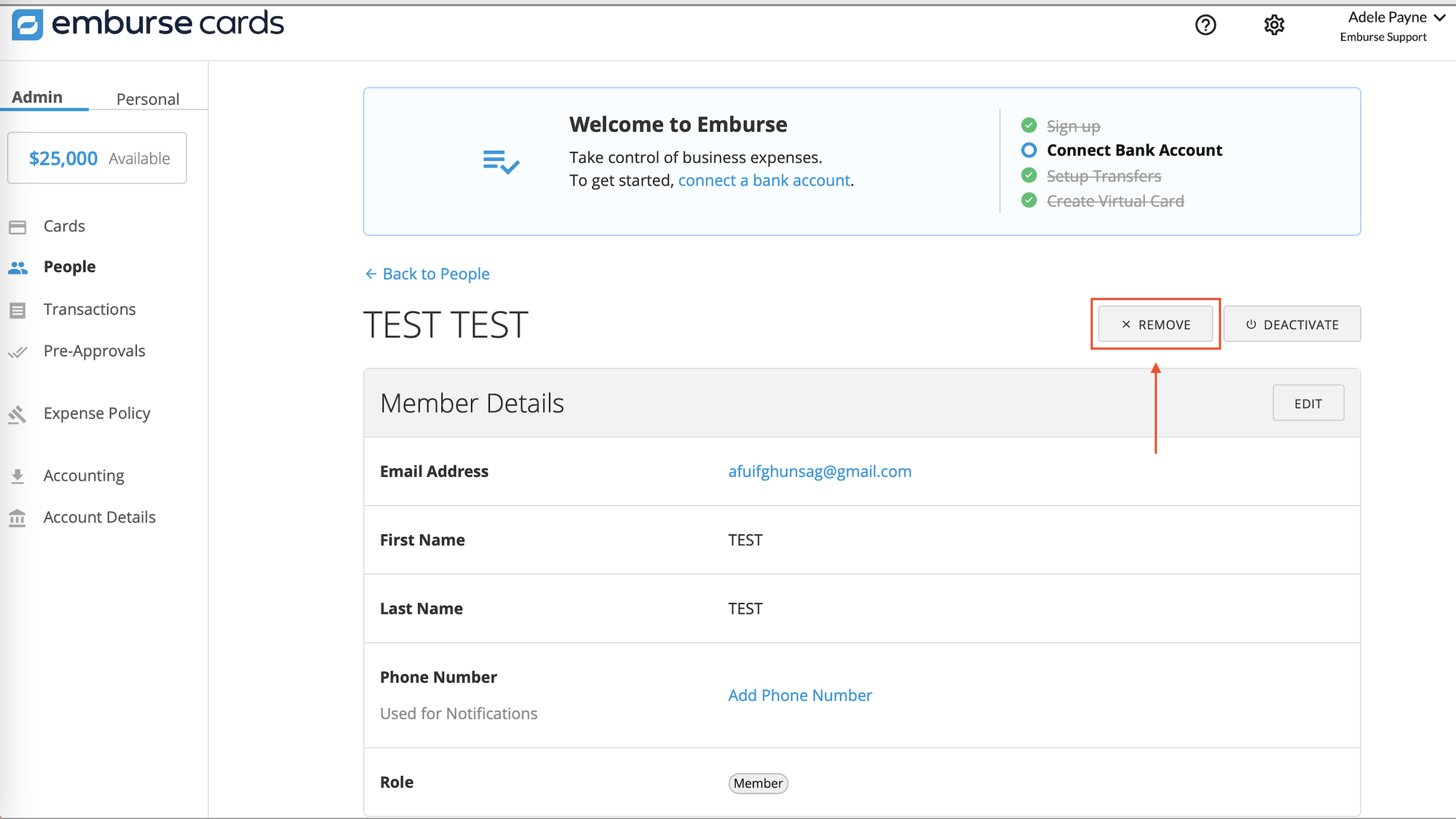 Member profile page showing the Remove and Deactivate buttons.