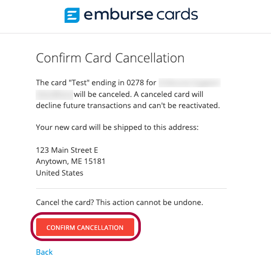 Confirm Cancellation screen with address details and the Confirm Cancellation button shown.