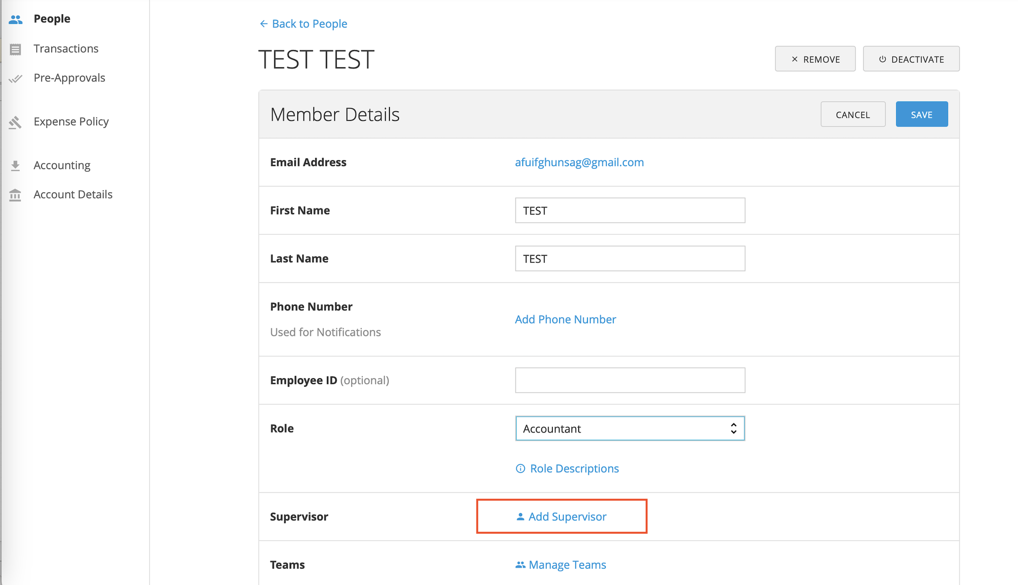 Member profile page showing Edit, Add Supervisor, and Save options for assigning a Supervisor.