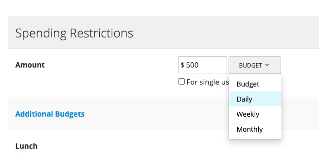Spending Restrictions section showing budget, daily, weekly, and monthly limit options.