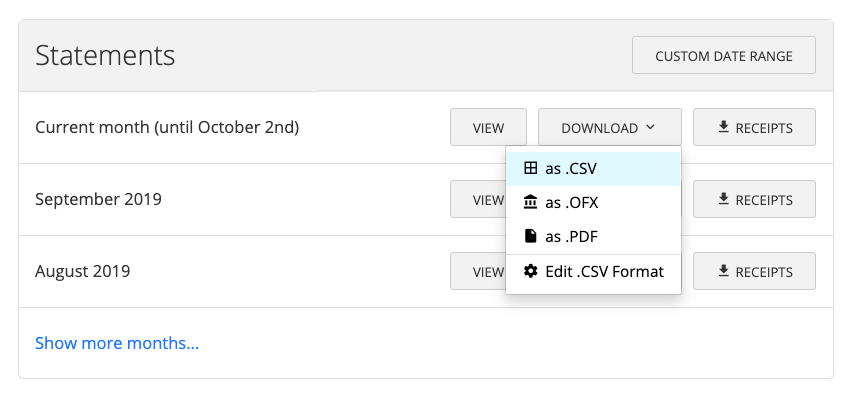 Accounting page showing statement download options including NetSuite .CSV.