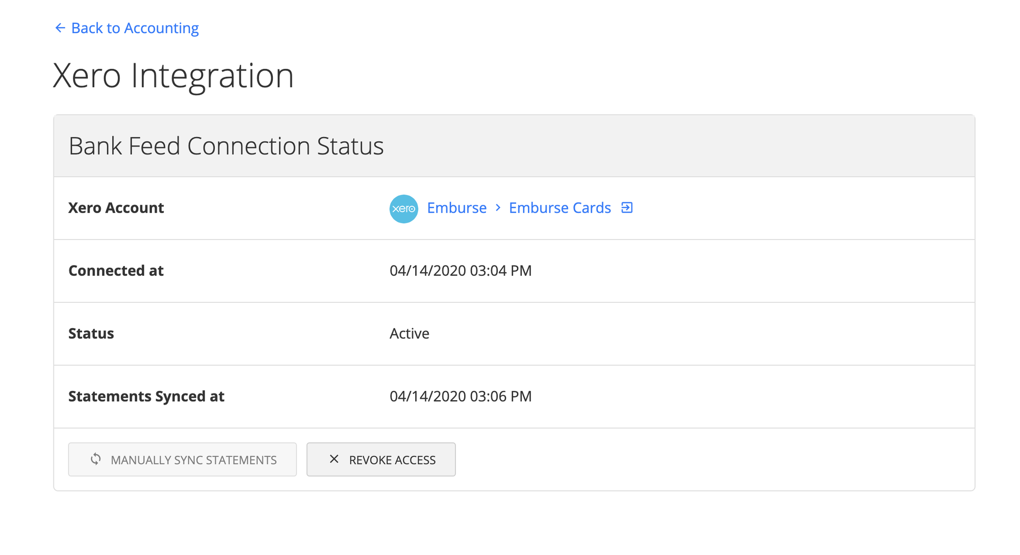 Confirmation screen showing a successful connection between Emburse Cards and Xero.