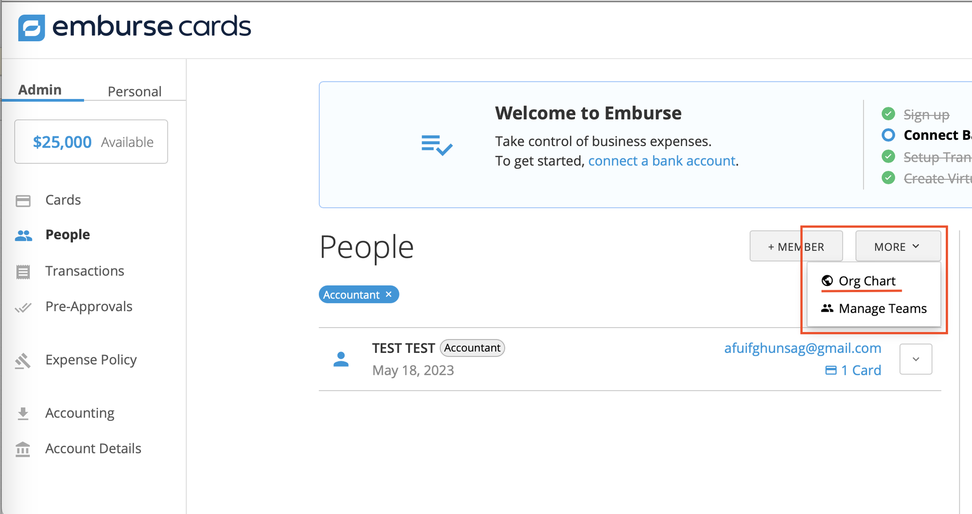 People page More menu showing the Org Chart option and a list of Supervisor relationships.