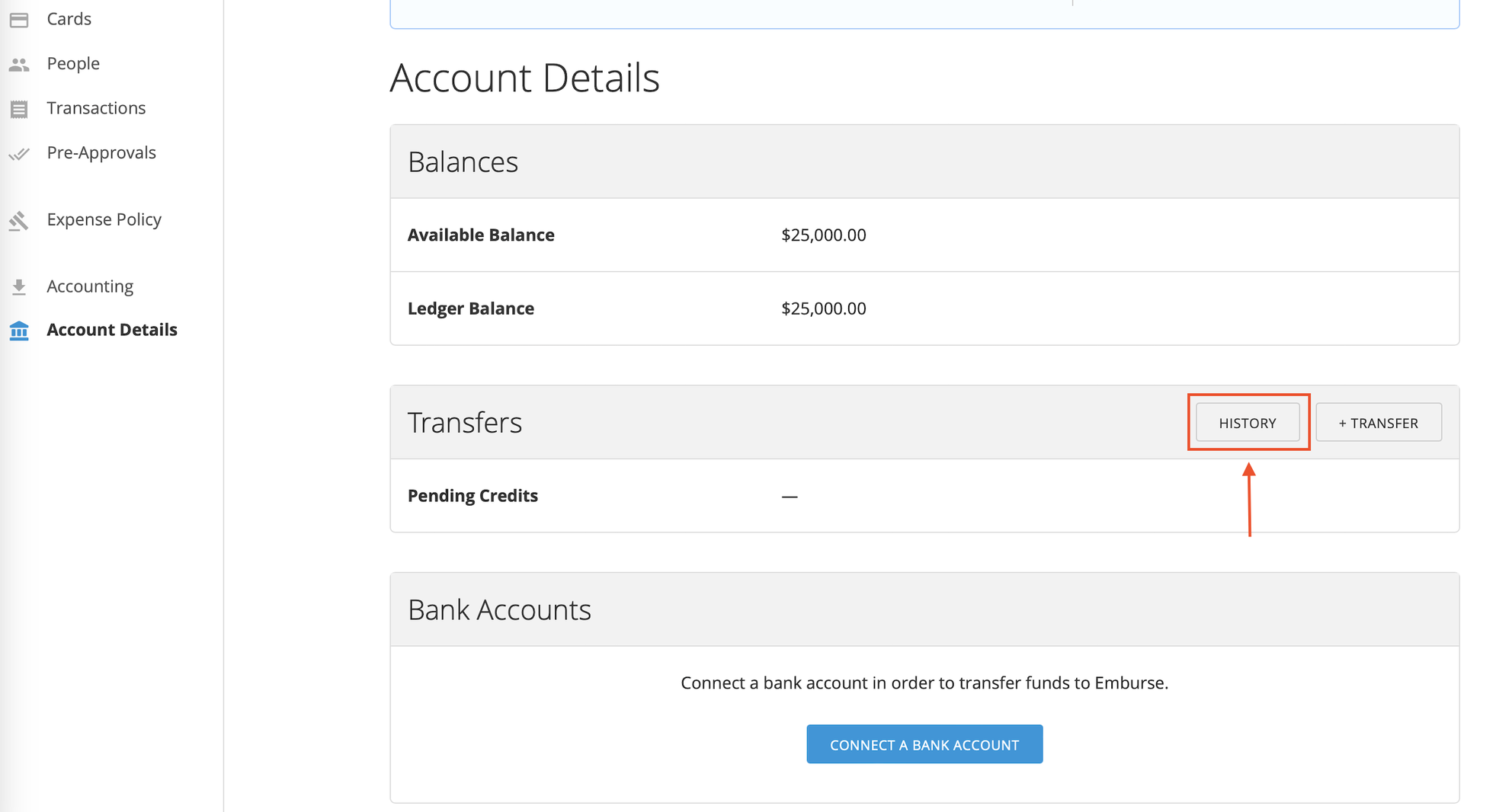 Transfer History page showing pending and completed transfers.