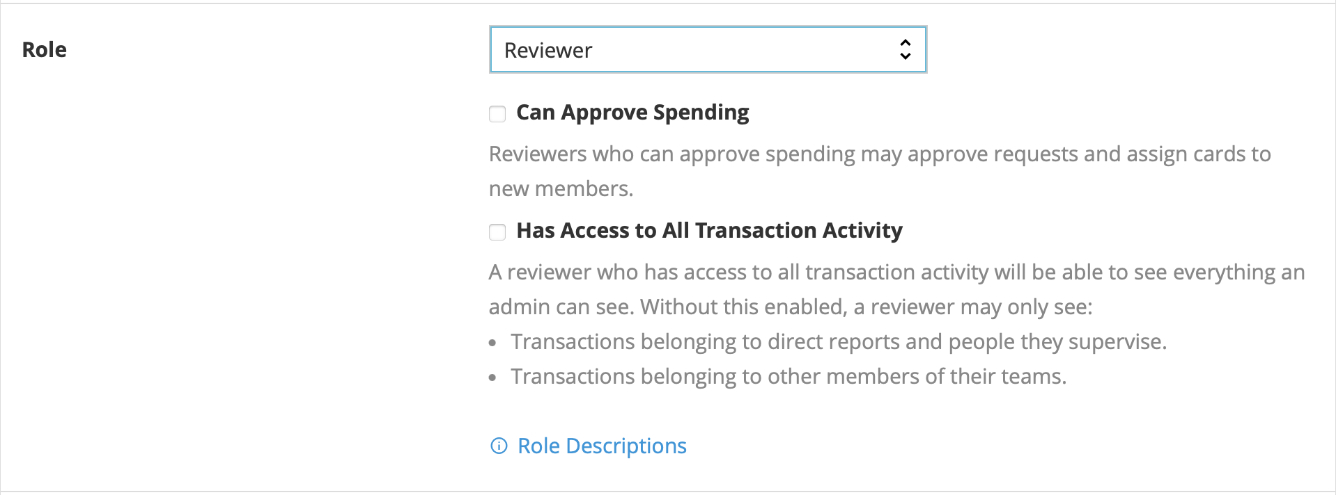 Reviewer role configuration options for permissions and visibility.
