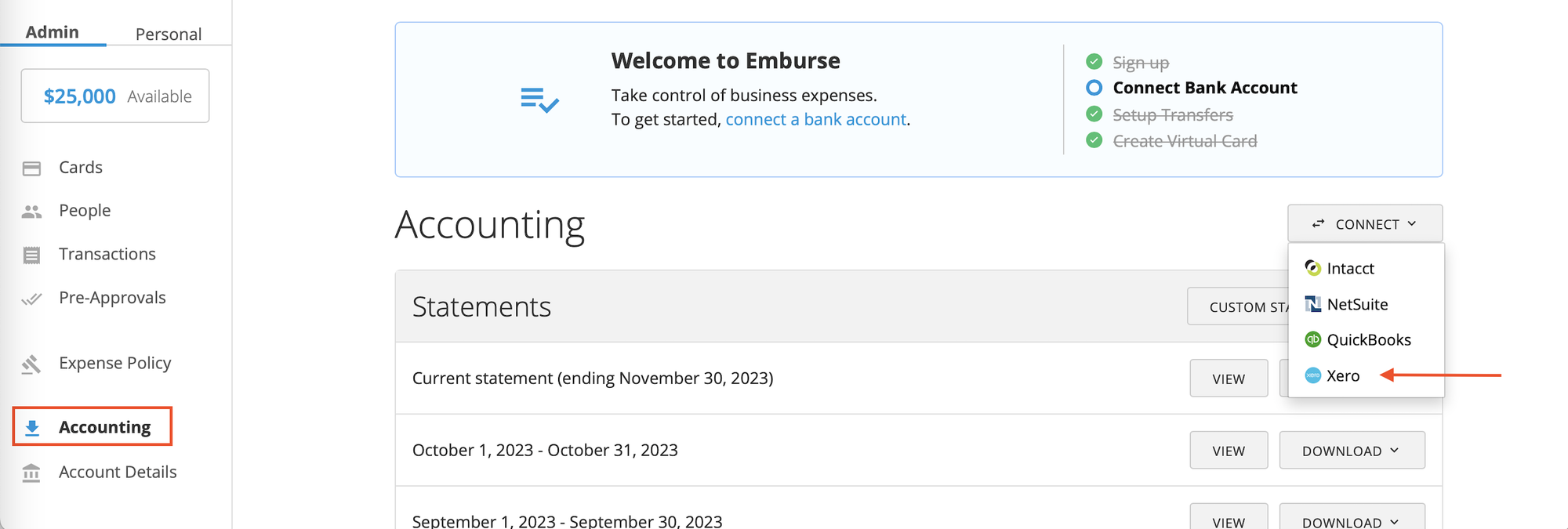 Accounting page showing the Connect dropdown with Xero selected.