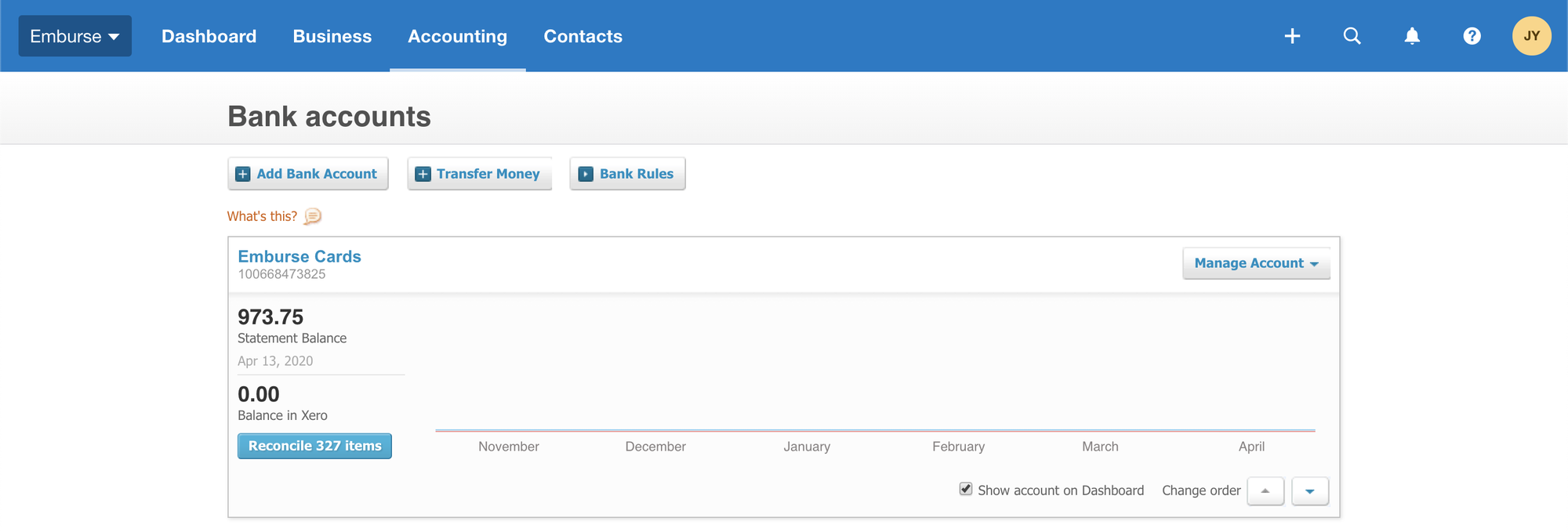 Xero Bank Accounts page displaying the connected Emburse Cards account.