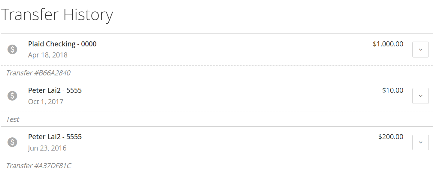 Transfer history table showing columns for Account, Amount, Date, and Memo.