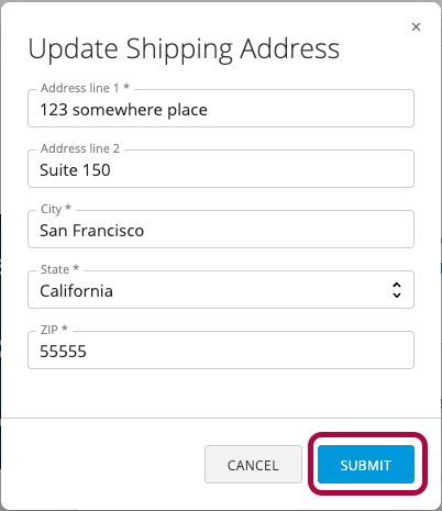 Update Shipping Address form showing fields for address line 1, address line 2, city, state, and ZIP code, with Cancel and Submit buttons visible.