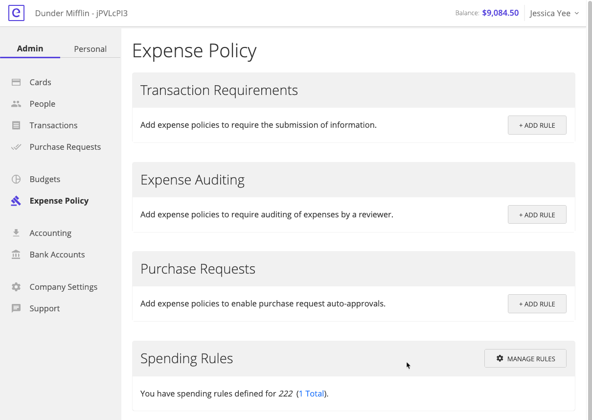 Expense Policy page showing the Expense Auditing section and the Add Rule option.