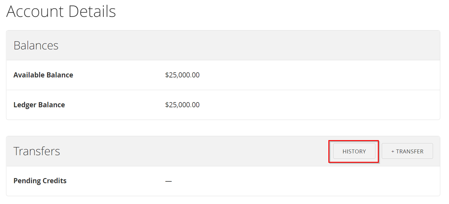 Account Details page with the History option selected to view transfer history.