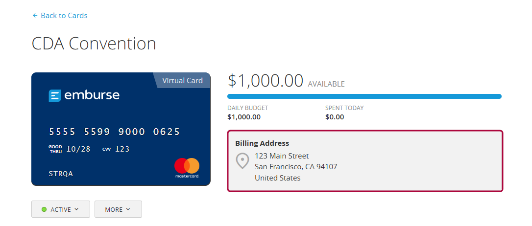Card details view showing the billing address displayed to the right of the card image.