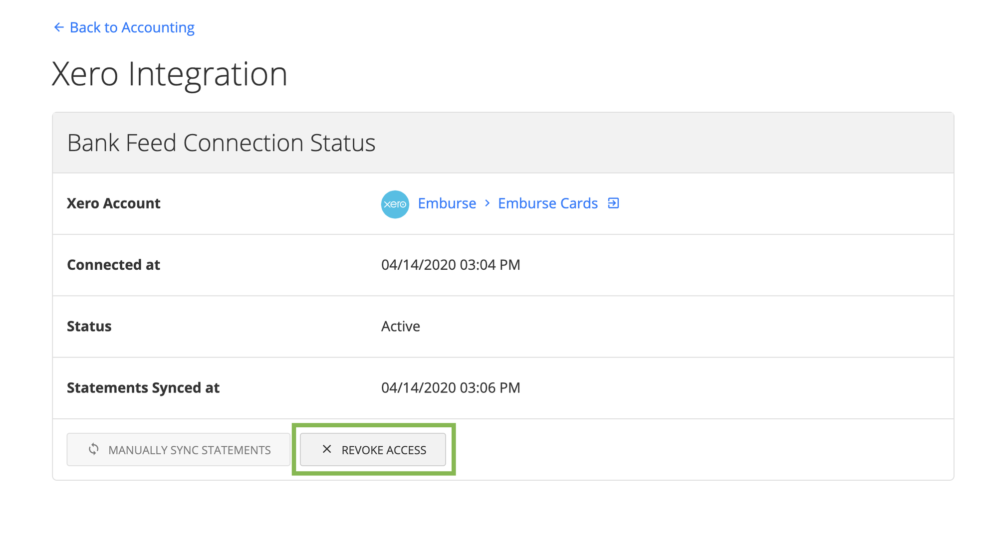 Xero integration page showing the Revoke Access button.